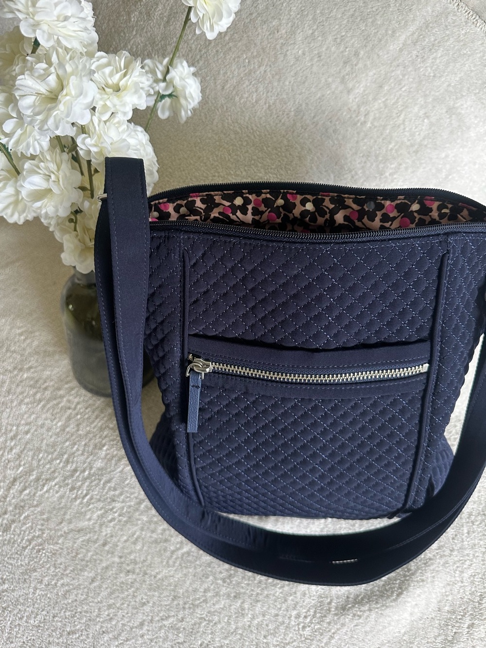 Vera Bradley Quilted Navy Crossbody Bag with Pink Floral Lining